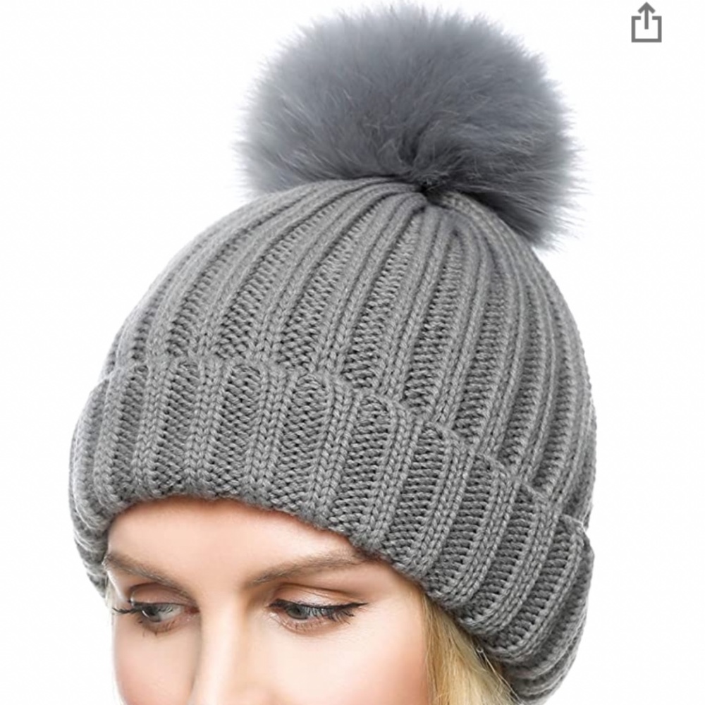 Womens Winter Hat with Faux Fur Pom Pom